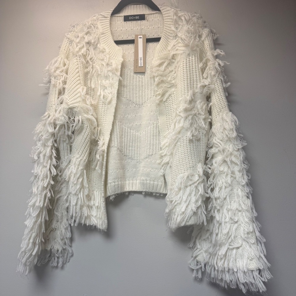 DO+BE Cardigan Women Large Off-White New Shaggy‎ Fringe Wool Blend Knit Y17553